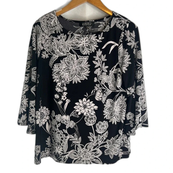 Kasper Black & White Floral Scoop Neck 3/4 Bell Sleeve Blouse Sz MD - Picture 7 of 7